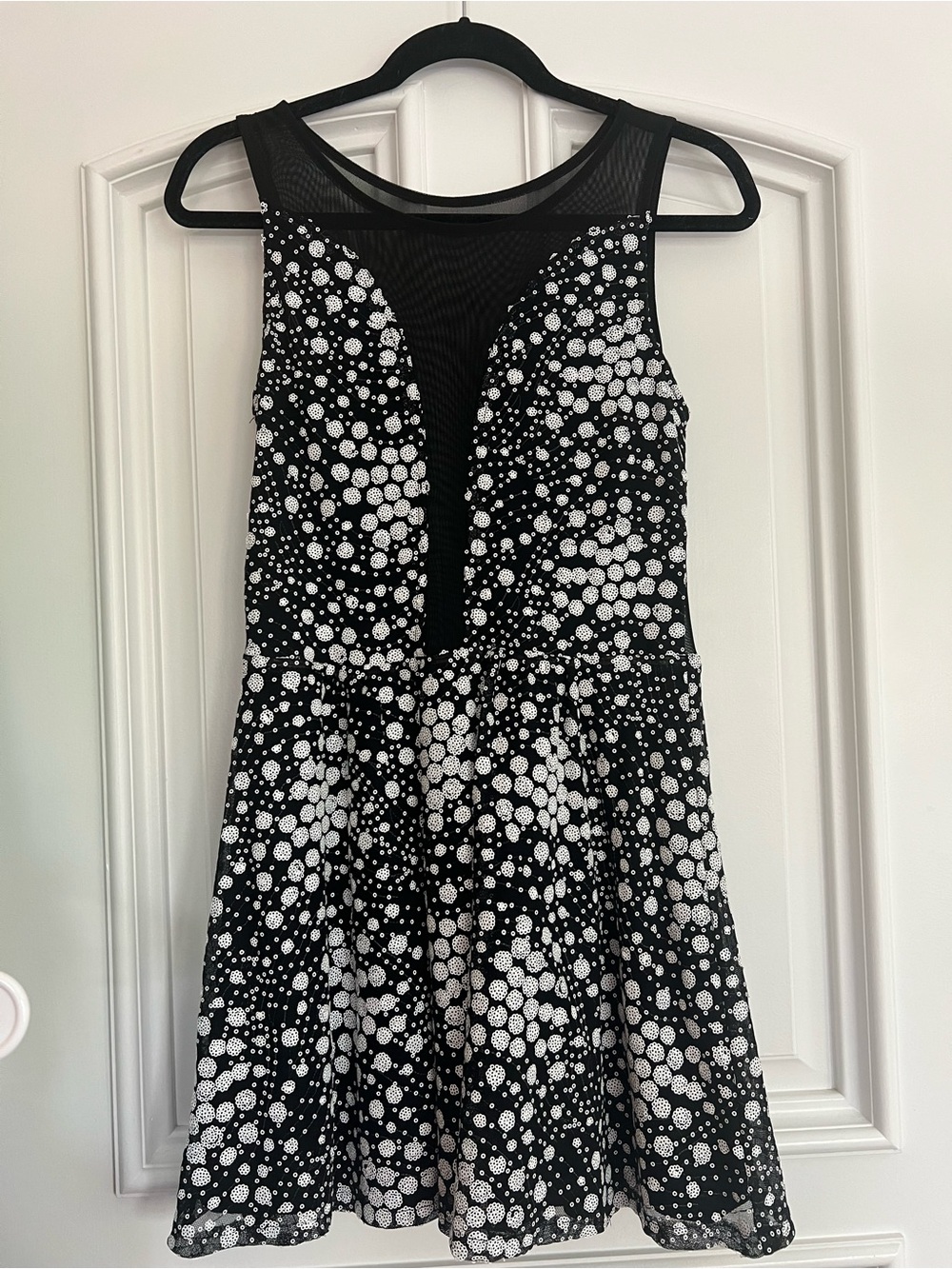 Black and White Mesh Polka Dot Fit-and-Flare Dress